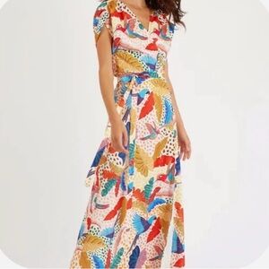Traffic People “Claude” Colorful Leaf Print Maxi Wrap Dress, size Large